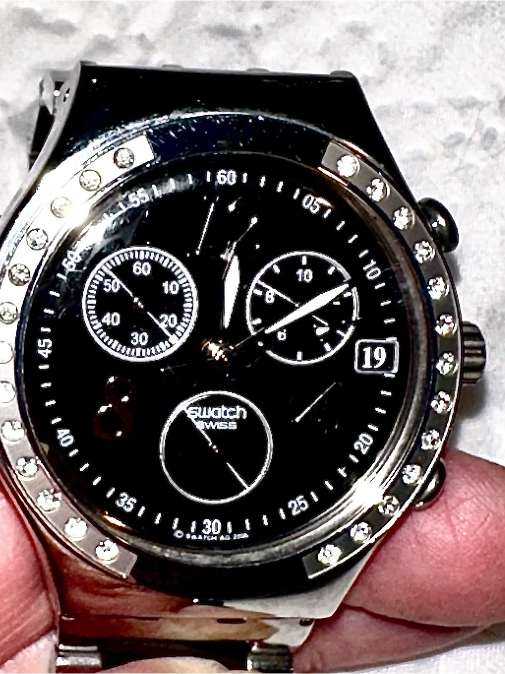 Swatch Black Dial Silver Crystal Bezel Women’s Chronograph Watch